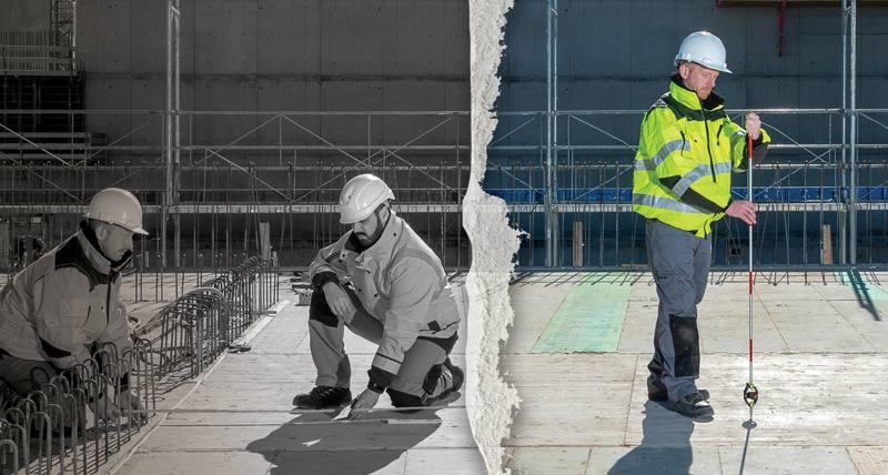 Split image of construction workers using manual traditional tapes and string measurement methods and construction worker using digital layout with a Leica iCON iCB manual total station.
